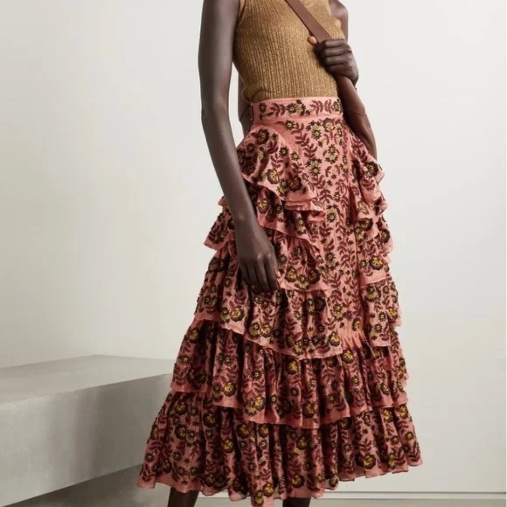 ULLA JOHNSON Reesha embellished tiered linen and silk-blend midi skirt